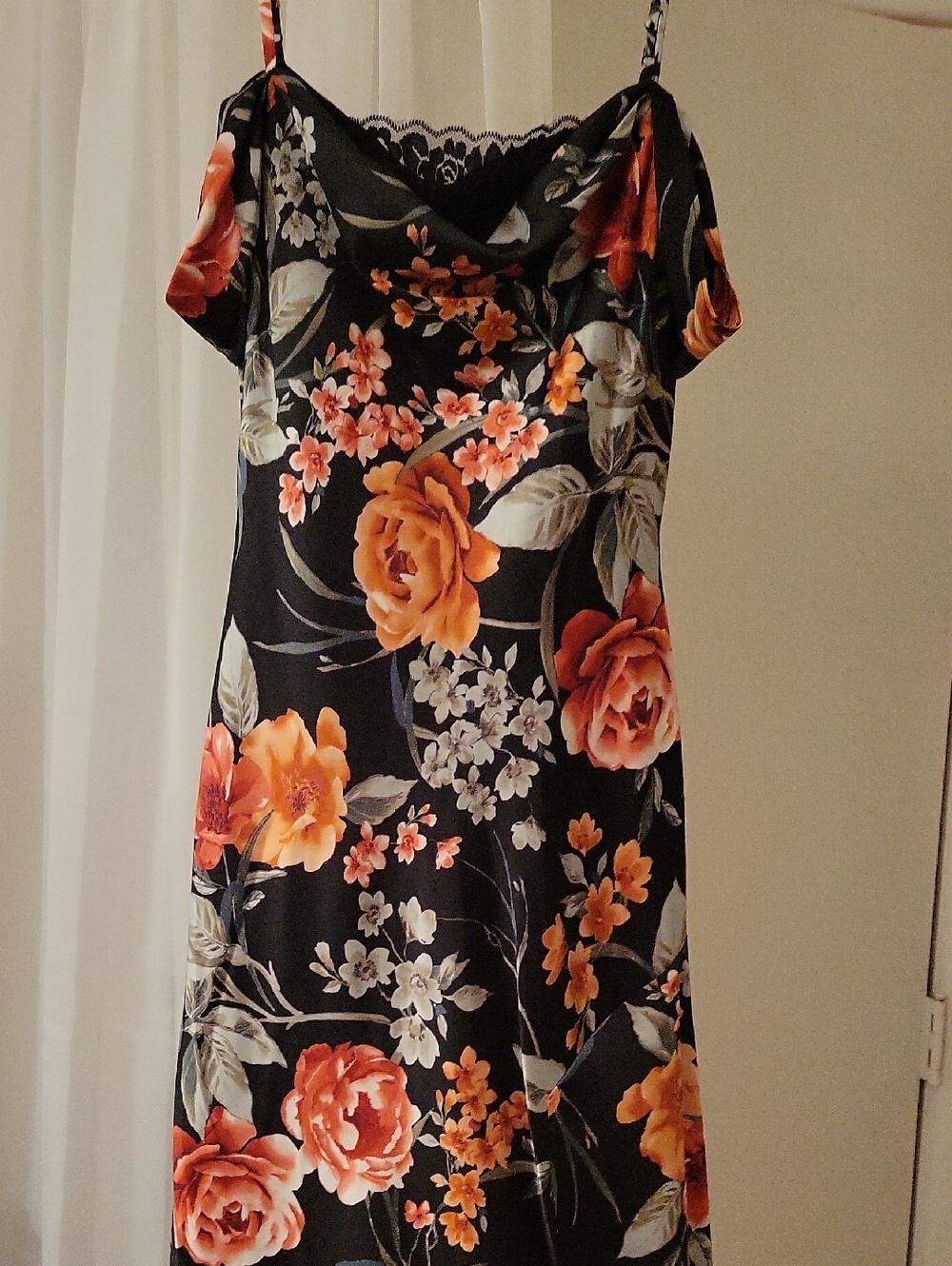 I.N. San Francisco Black Slip Dress with Orange Rose Print